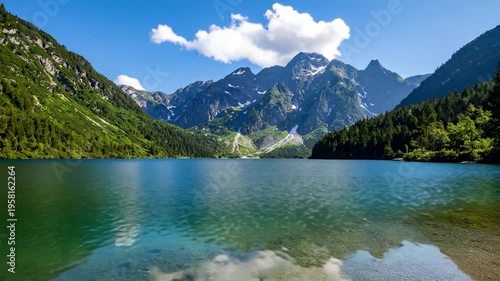 Scenic alpine lake framed by mountains and lush greenery under a clear blue sky. Reflective water