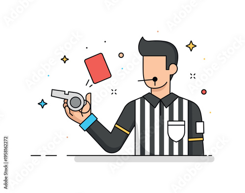 Referee decision moment with a whistle in hand and a small red card icon appearing nearby. Strong sports visual metaphor representing officiating, rule