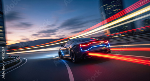 Futuristic black sports car with glowing red blue neon lights speeding on highway with dramatic light trails at dusk, automotive concept
