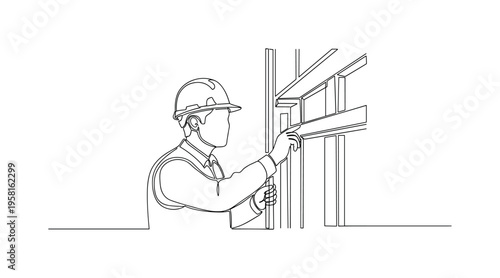 Safety Inspection at Site. Minimalistic one-line drawing construction inspector wearing helmet examining a structure for safety compliance, continuous single