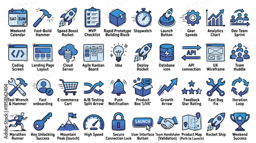 Software Development Startup Icon Set in blue hand-drawn style. A collection of project management icons, including rocket, calendar, coding, kanban, database, analytics, trophy, and more.