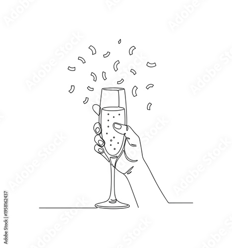 Success Party. Minimalistic one-line drawing confetti falling around a raised glass or hand gesture of triumph, continuous single black line on white