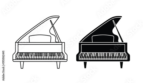 Silhouette of two grand pianos side by side in black and white