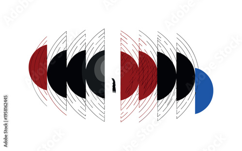 monochrome candle flame split into multiple flickering silhouettes, intersecting semicircles and thin diagonal lines suggesting vibration and light movement,