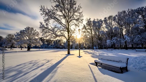 Snow-covered park scene with trees, benches, and bright sun peeking through the canopy