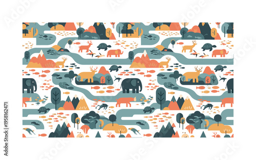 migratory patterns in nature seamless pattern, flocks of birds, herds of mammals, sea turtles, and fish moving across landscapes with rivers, trees, and