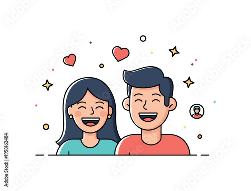 Positive friendship energy two people laughing side by side while small floating hearts and stars symbolize emotional warmth and joyful