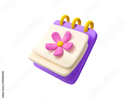 Spring time calendar icon. Vector 3d season illustration. Hello summer design element isolated. Pink cartoon flower on agenda page