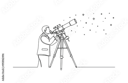 Astronomer With Telescope. Minimalistic one-line drawing astronomer adjusting telescope on tripod while observing stars, continuous single black line on white