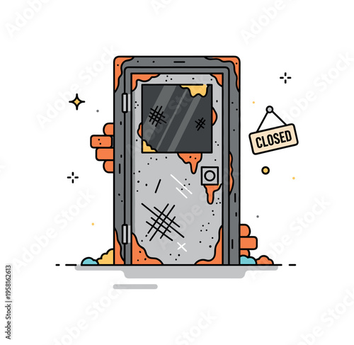 Abandoned building entrance with a heavily rusted metal door covered in scratches and aged textures. A small hanging sign reading ?Closed? reinforces the