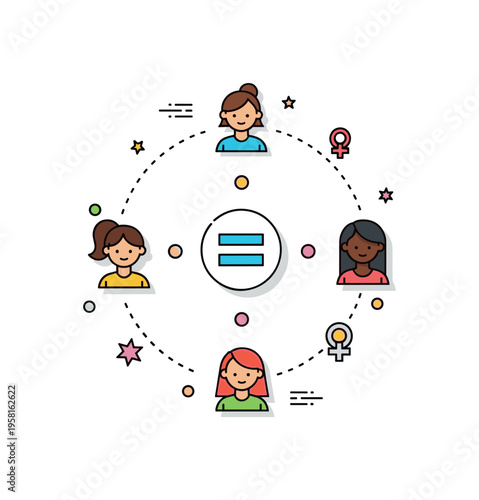 Intersectional feminism diverse figures connected by subtle dotted lines forming a circle around a central equality sign. A thoughtful concept illustration