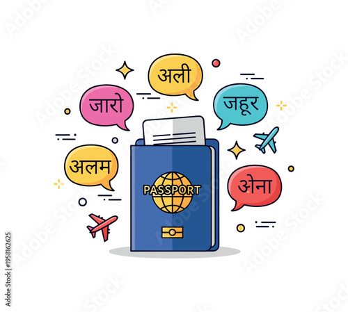 Travel and languages passport with small speech bubbles containing different scripts suggesting travelers communicating across countries and cultures. The