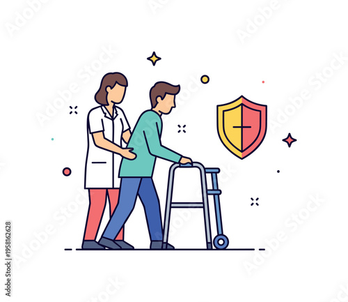 Mobility assistance caregiver supporting a person using a walker while a small safety shield icon symbolizes protection and attentive support. The scene