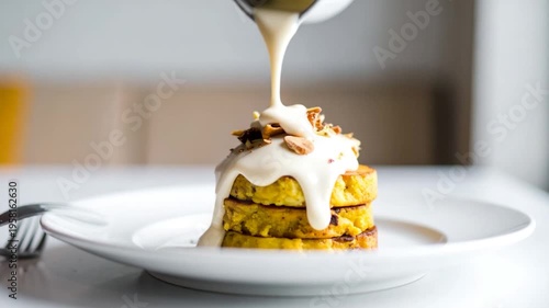 Stacked golden pancakes topped with creamy white sauce and nuts, presented on a white plate