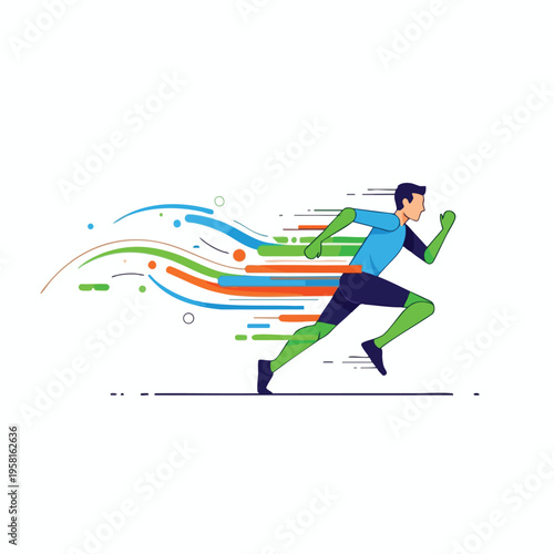 Stylized male runner in motion with abstract speed lines in blue, green, and orange