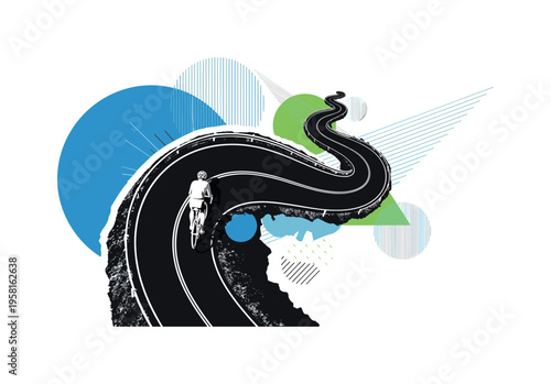 overhead view of cyclist on winding coastal road abstract circles lines and geometric shapes representing perspective and scenic adventure black and white