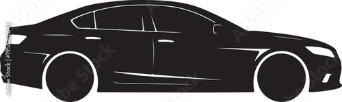 A sleek black car silhouette against a clean white background