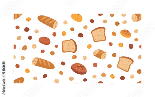 fresh bread crumbs seamless pattern, small crumbs, slices of bread, baguette ends, and scattered flakes arranged in a repeating pattern, white background with