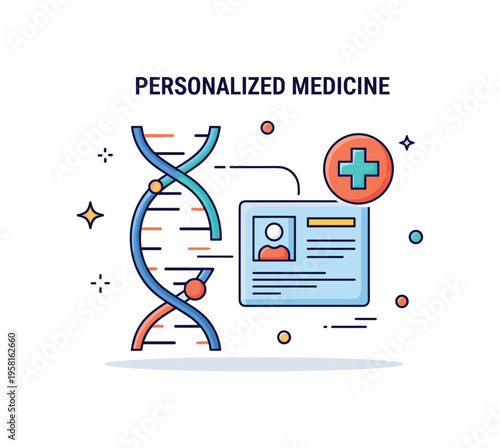 Personalized medicine concept with a DNA strand linked to a small patient profile card and a medical cross symbol. The visual metaphor highlights tailored