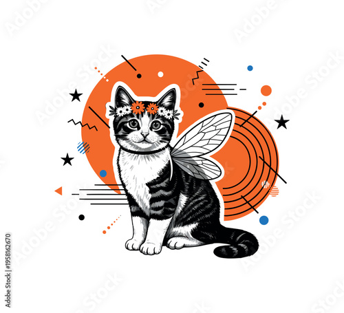 adorable cat wearing a flower fairy costume with wings and crown, black and white cut-out style with white contour outline, bold orange circle and layered