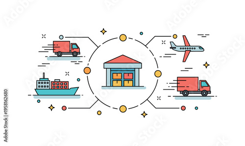 Logistics transportation network connected delivery truck cargo ship and airplane icons linked by route lines around a warehouse symbol, visualizing