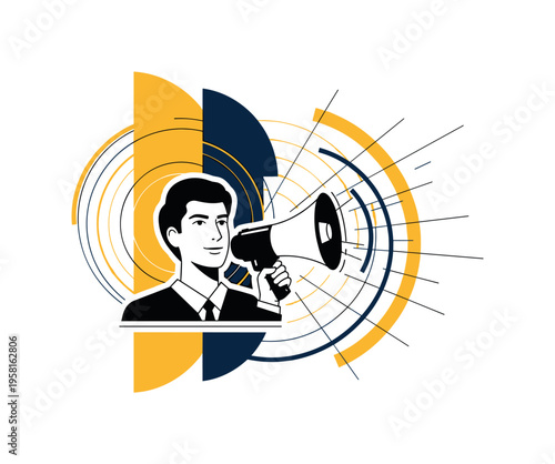retro style educator holding a megaphone giving disaster preparedness instructions, black and white subject with white outline, radiating circular lines and