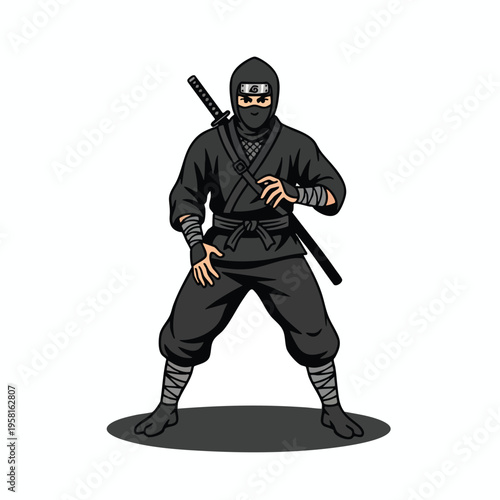 Fierce ninja in black attire, masked, wielding a sword, ready for action