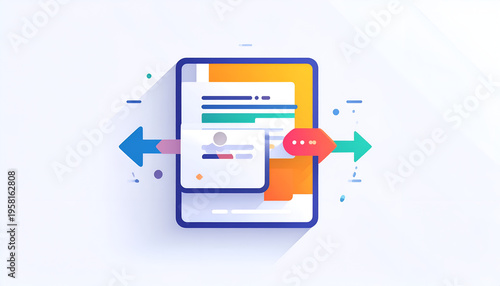 Data exchange illustration with bidirectional arrow and document transfer graphic; modern vector