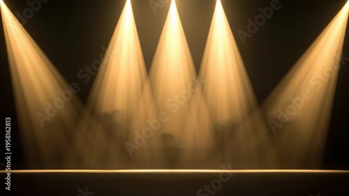 Three focused beams of warm light illuminate a smoky, dark stage from above
