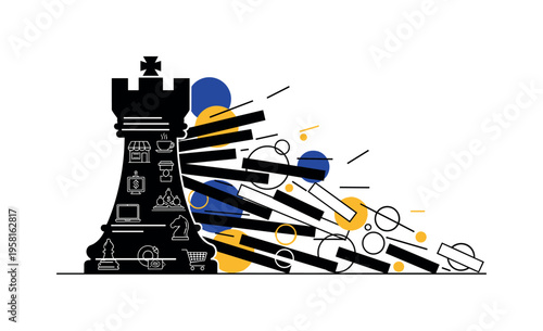 black-and-white chess rook acting as a fortress protecting small business icons from collapsing bars, abstract circles and diagonal lines suggesting economic