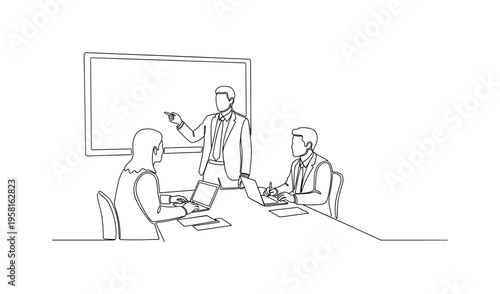Project Meeting. Minimalistic one-line drawing small group discussing a project around a conference table with laptops and papers, continuous single black line