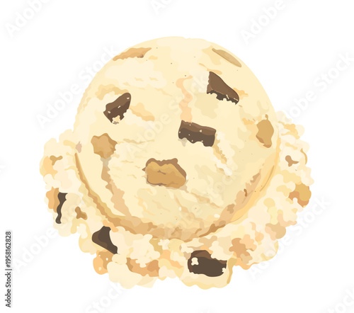 Tasty cartoon cookie dough ice cream scoop. Vector hand drawn dessert icon illustration isolated on White background.
