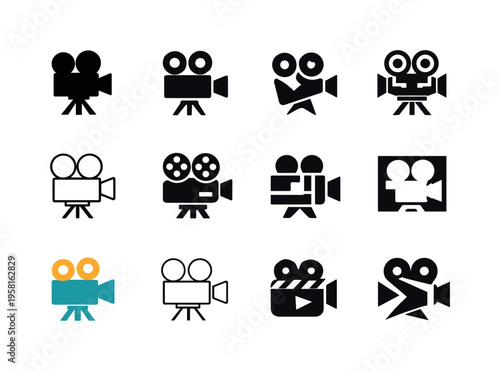 film. Icon set. Set Logo of film: movie camera. harmonious logo variations of the same emblematic concept, each with different artistic interpretation (Filled