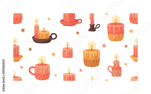 Candlelight evening ambiance seamless pattern, glowing candles tiny stars and soft decorative holders arranged in a repeating pattern, white background with