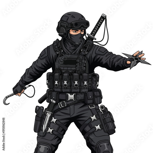 A stealth operative in black tactical gear holds a grappling hook and shuriken