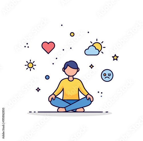 Self reflection moment with a person sitting calmly while small emotion icons like a heart, cloud and sun float around. The composition symbolizes recognizing