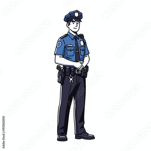 Cartoon police officer in uniform, standing with hands clasped