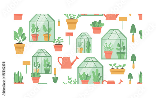 urban greenhouse gardening seamless pattern, potted plants, seedlings, greenhouse panes, watering cans, trowels and garden markers arranged in a repeating