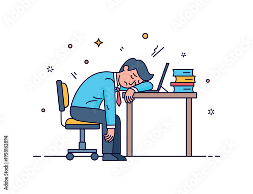 Overworked body posture character leaning on a desk with drooping shoulders and closed eyes suggesting deep tiredness from work. The composition represents