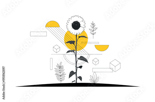 black and white tall sunflower stem rising from a minimal garden ground, large yellow sun circle behind the flower symbolizing peak summer bloom,