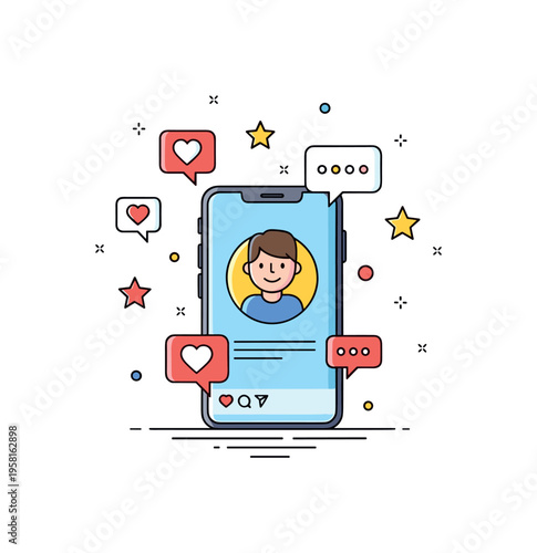 Social media influencer lifestyle modern smartphone displaying a smiling creator profile surrounded by floating like hearts, comment bubbles, and small star