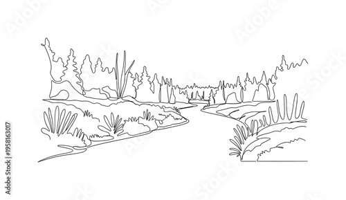 River Through Forest. Minimalistic one-line drawing flowing river surrounded by forest and vegetation, continuous single black line on white background, simple
