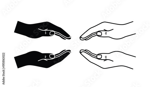 Silhouette of hands in different positions showcasing various finger placements and orientations in a simple line drawing style silhouette