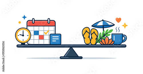 Work life balance scale represented by a balanced platform with calendar blocks on one side and relaxation icons on the other, conveying structure flexibility