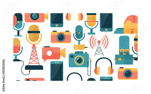 media communication devices seamless pattern, microphones cameras smartphones broadcast towers and headphones arranged in a repeating pattern, white background