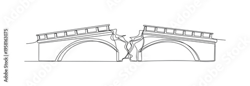 Collapsed Bridge. Minimalistic one-line drawing broken bridge with gap symbolizing failed aspirations, continuous single black line on white background, simple