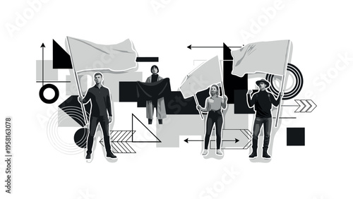 activists holding banners, geometric arrows circles and abstract blocks symbolizing advocacy and climate awareness, black and white retro realistic figures