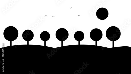 Set of 9 black silhouette trees vector landscape isolated on Transparent Background