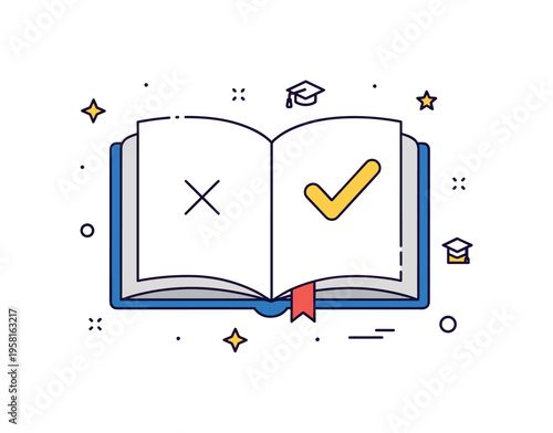 Learning process concept featuring an open book with one page marked with a subtle X and the next page displaying a bright checkmark, expressing improvement