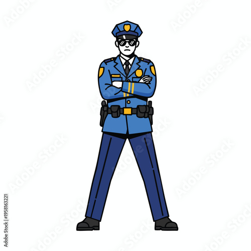 Cartoon police officer with arms crossed, wearing sunglasses and a utility belt